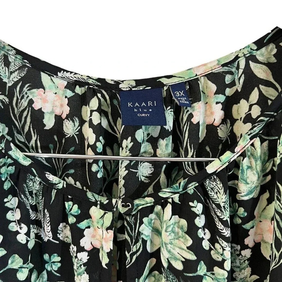 Kaari Floral Sheer Blouse Plus 3X Keyhole Flowy Black Green Pink Ruffle Sleeves - Picture 7 of 7